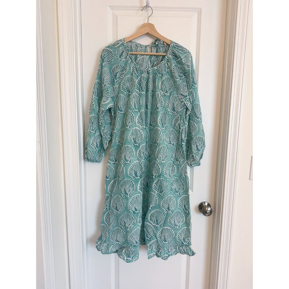 Green Indian Cotton Botanical Print Midi Dress Shell Detail Boho